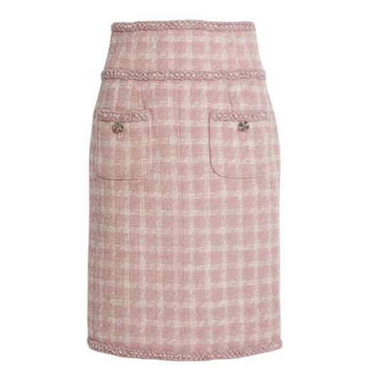 60a14 CHANEL シャネル 2014 collection P50302 グリポア ツイードトリムスカート ダブルジップ サイズ34 ピンク レディースta1