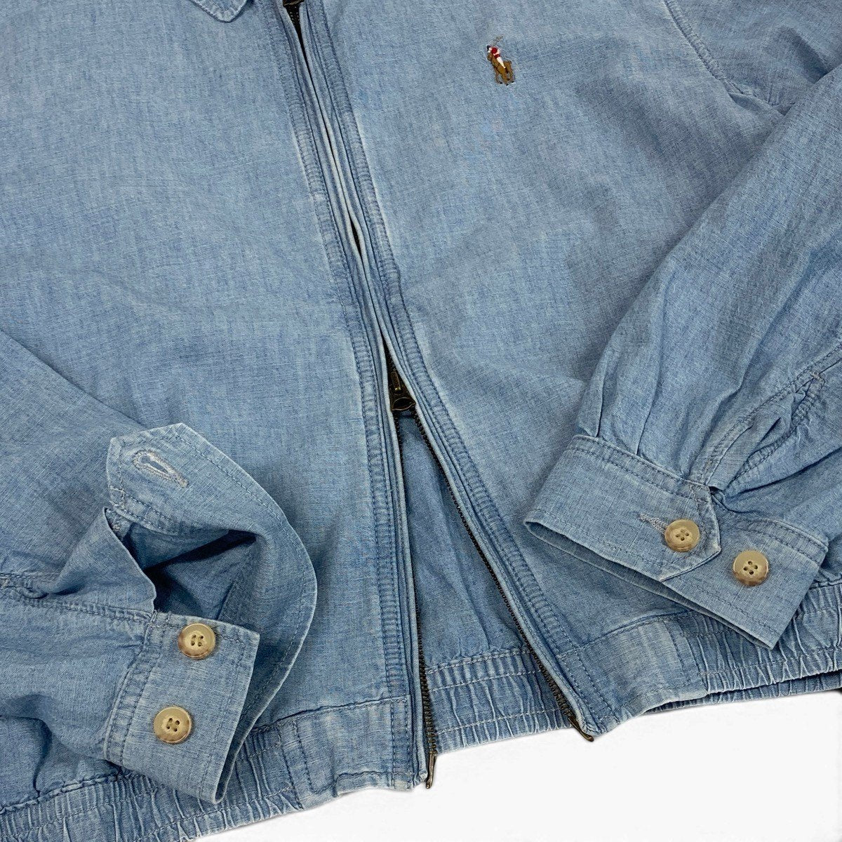 84c29【美品】 Polo by Ralph Lauren ポロバイラルフローレン デニムシャンブレー ブルゾン 近年 ダブルジップ ロゴ刺繡 L/G ライトブルー コットン100％ メンズ 紳士服u02t