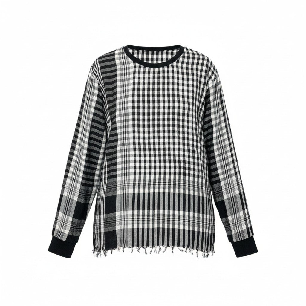 11k28《美品》 BLESS ブレス N°32 チュニックワンピース トップス チェック フリンジ L ブラック グレー コットン レディースu02t