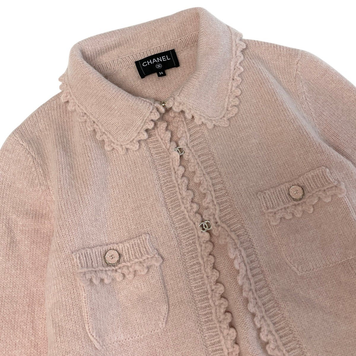 Cj22 【極美品】CHANEL 25~26AW カシミヤジャケットカーディガン ラインストーンココマーク LOOK48 P80281 34サイズ ピンク レディース 女性用k02i