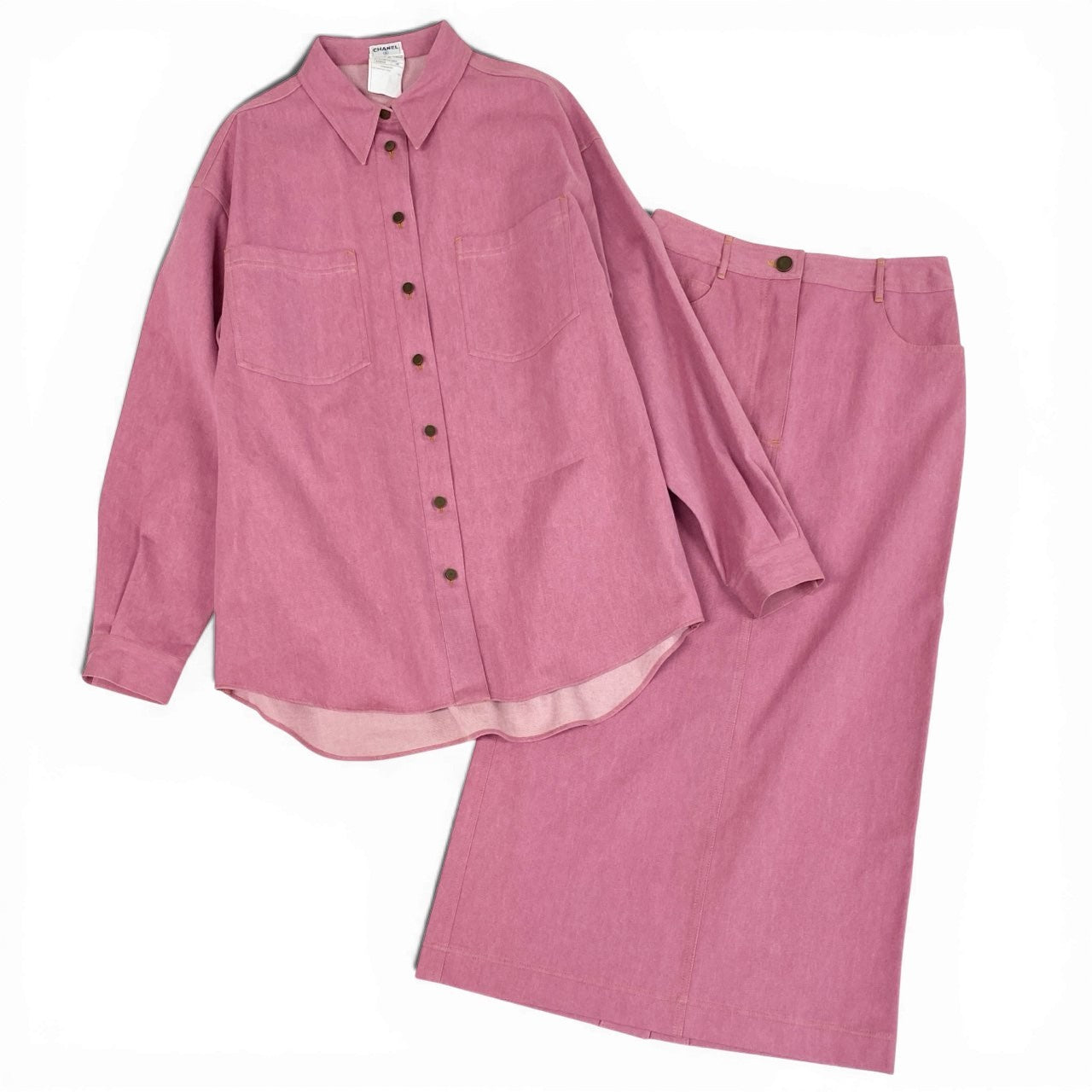 Ca15 【archive】CHANEL ヴィンテージ シャネル 1999年 Cruise ランウェイ ココマークボタン デニムシャツ デニムスカート セットアップ オーバーサイズ サイズ38 ピンク レディースta1