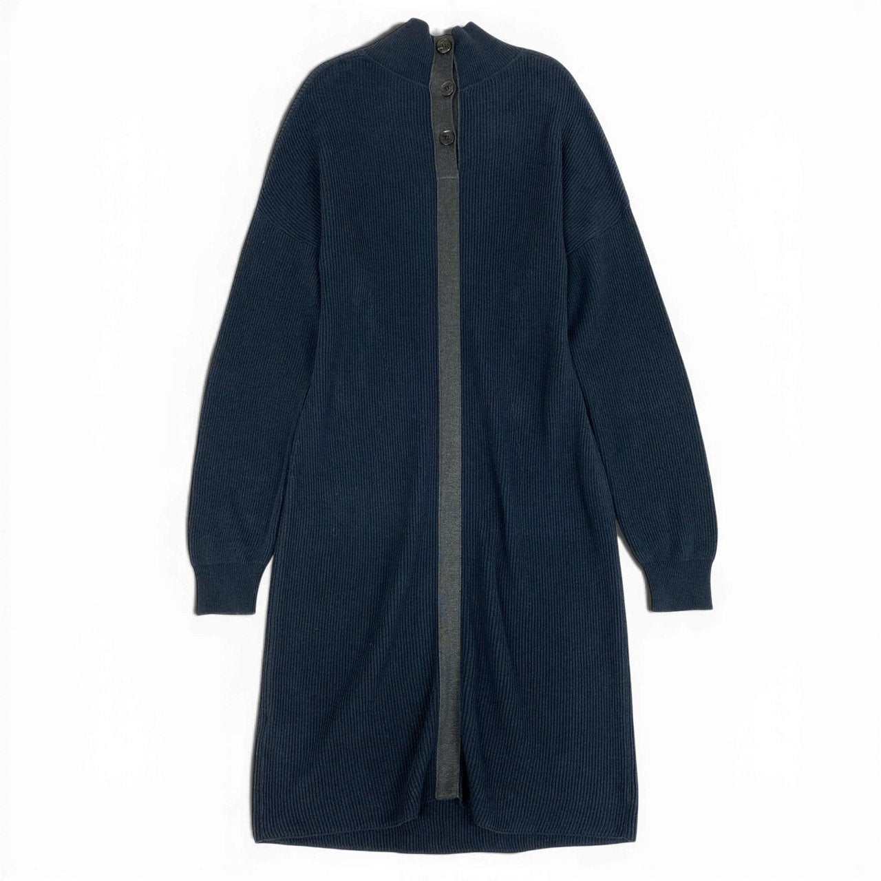 37L23 HERMES エルメス リブニットワンピース ハイネック ロングスリーブ ハーフボタン イタリア製 40サイズ ネイビー系 レディース 女性用o07t