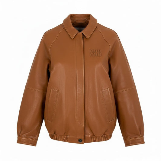i8 《美品》 miu miu ミュウミュウ 23AW ロゴパッチ ナッパレザージャケット Logo Patch Nappa Leather Jacket MPV895 40 キャメルブラウン レザーt18r