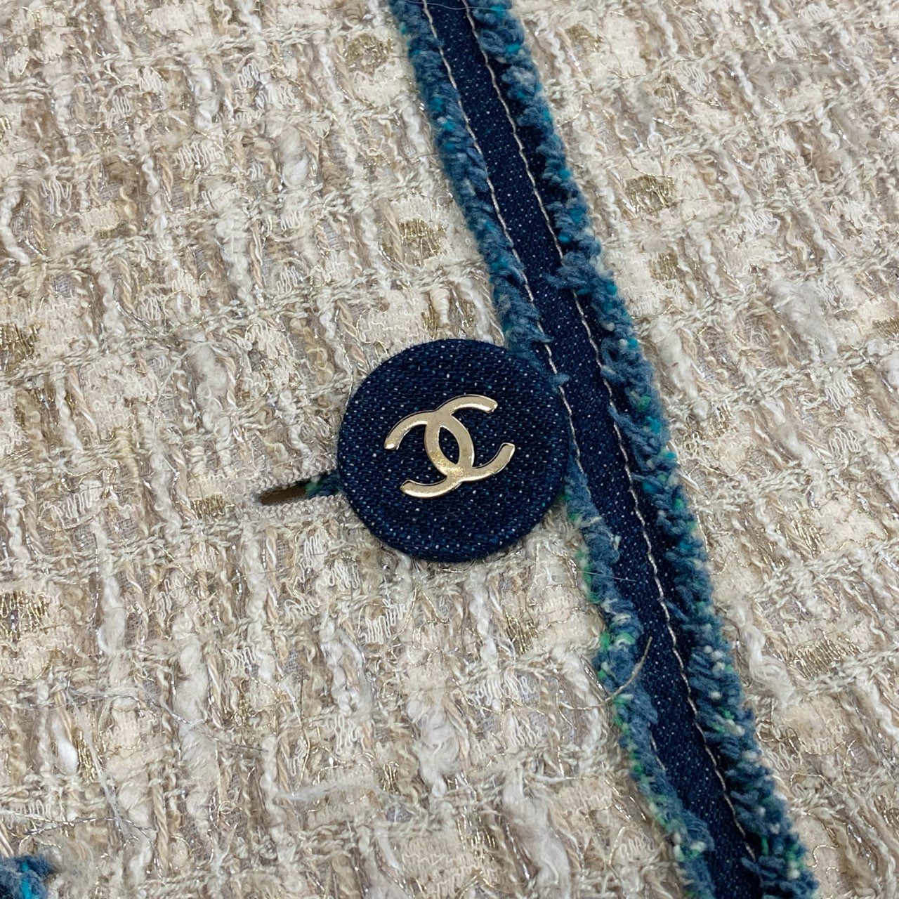 Cb19 CHANEL シャネル 07P P30527 2007年 7分袖 デニム切替ツイードジャケット ココマークボタン サイズ36 レディースta1