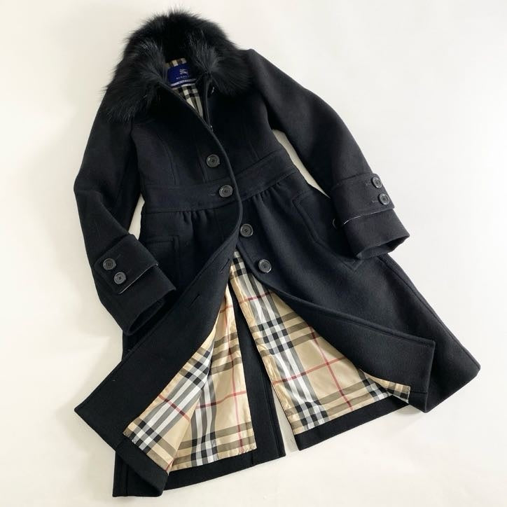 4i4 BURBERRY BLUE LABEL バーバリー ブルーレーベル ファー付き ウールコート ノバチェック 38 ブラック アウター