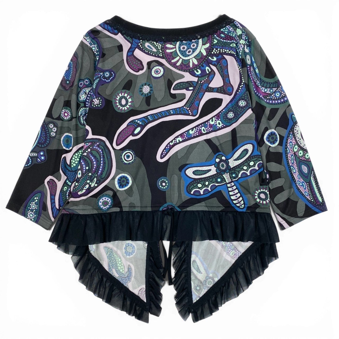 51b27 【美品】 TOKUKO 1er VOLトクコプルミエヴォル ロングスリーブ カーディガン トップス 七分袖 フリル 総柄プリント レディース 女性服 サイズ9 マルチカラーu02t