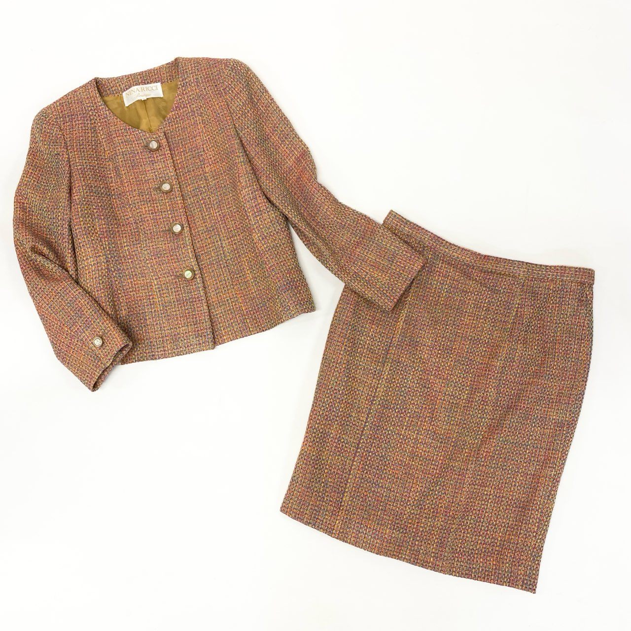 55k11 NINA RICCI Boutique ニナリッチ セットアップスカート ツイード生地 フランス製生地 ノーカラージャケット ひざ丈スカート レディース 女性用 11 マルチカラーu02t