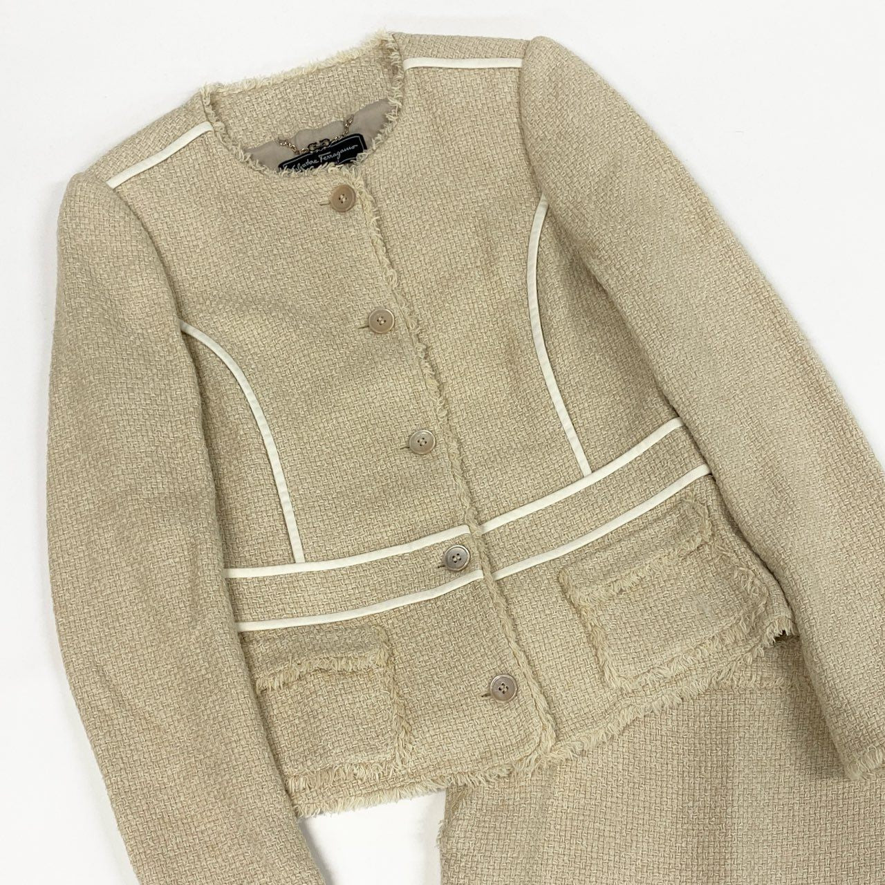 Ec10 Salvatore Ferragamo サルヴァトーレフェラガモ スカートセットアップ ツイードジャケット セレモニースーツ フォーマル レディース イタリア製 42 ライトベージュk02i