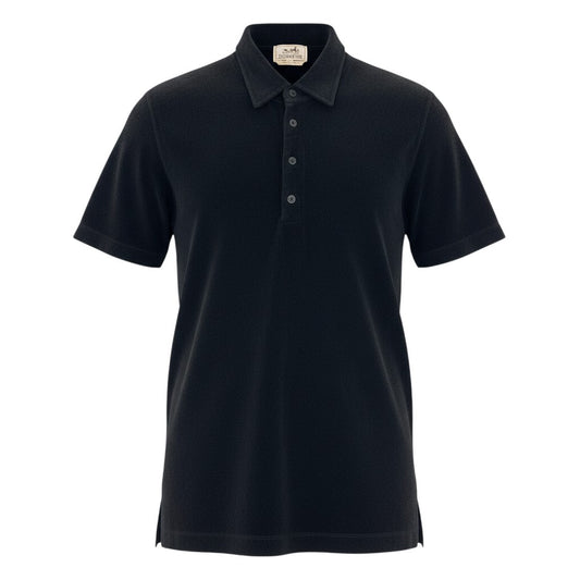 65d16 HERMES エルメス パイル生地 半袖ポロシャツ トップス イタリア製 サイズL ブラック コットン100％ メンズ 紳士服u02t