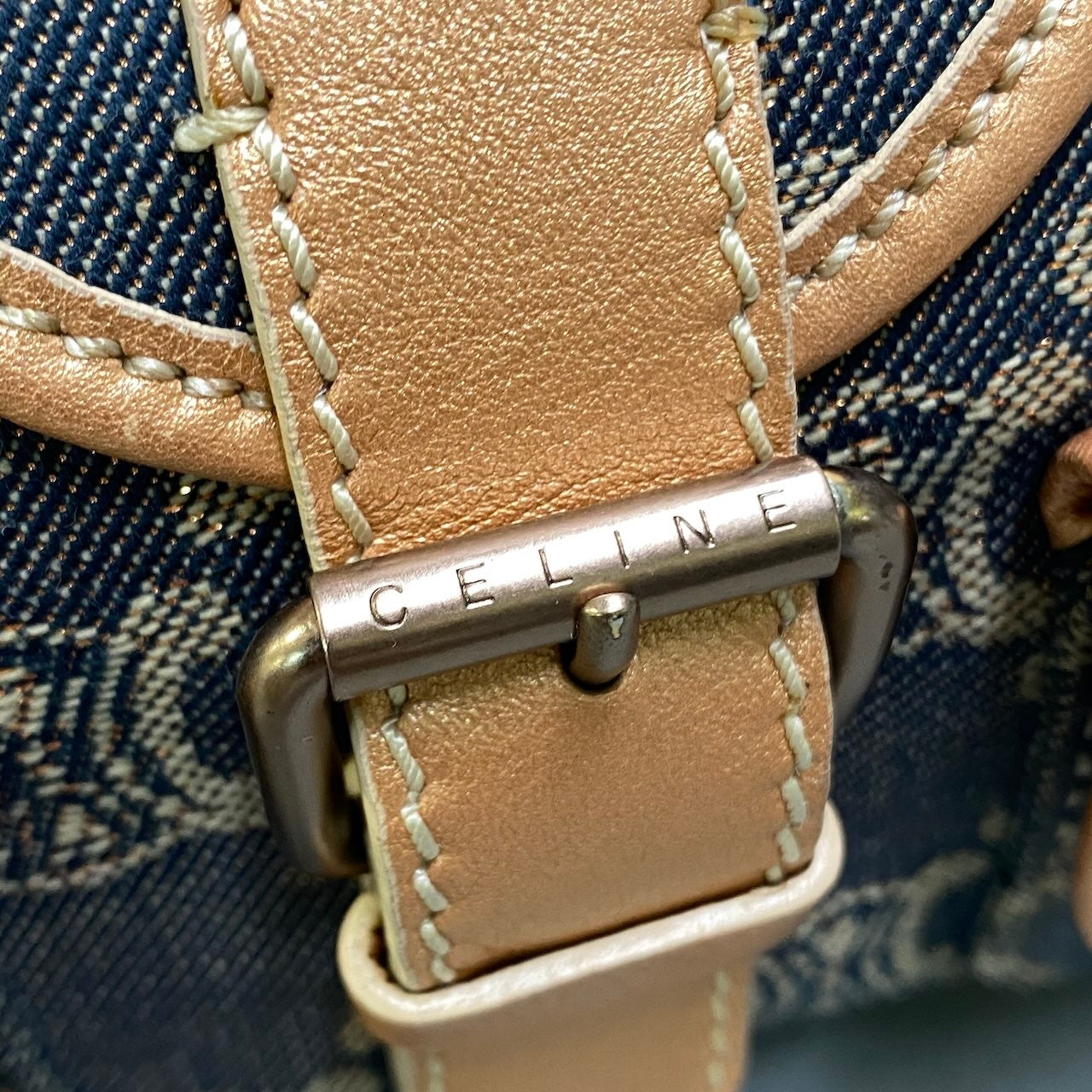 h29 CELINE 2005年 マカダム柄 ヴィンテージ デニムバッグ インディゴ オレンジベージュ レディース 女性用ta1