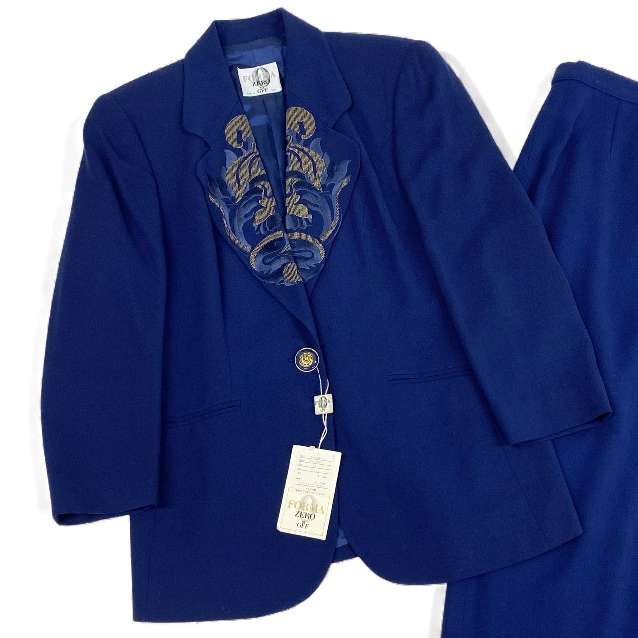 68L11《デッドストック》 Vintage GIANFRANCO FERRE ジャンフランコフェレ GFF セットアップ スカートスーツ 刺繍 装飾ボタン 44 ブルー ウール レディース 女性用u02t