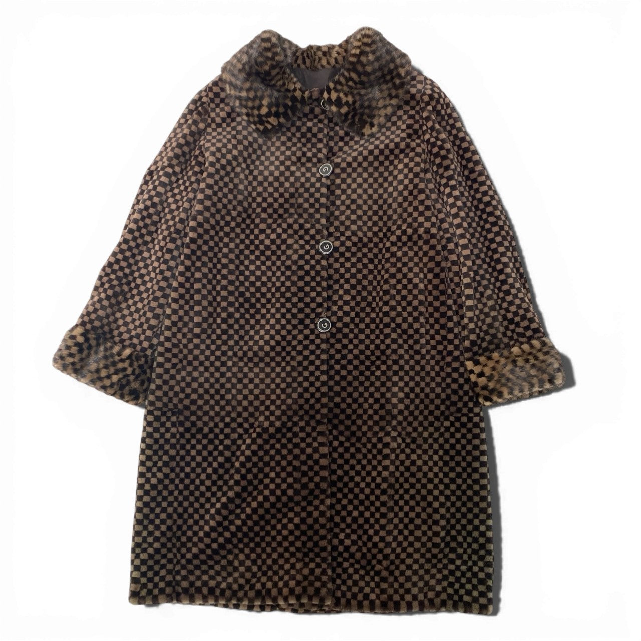 38c4 GRES グレ チェック柄 ミンクファー リバーシブル ロングコート サイズF 茶系 本毛皮 Mink Fur Reversible Long Coatt18r
