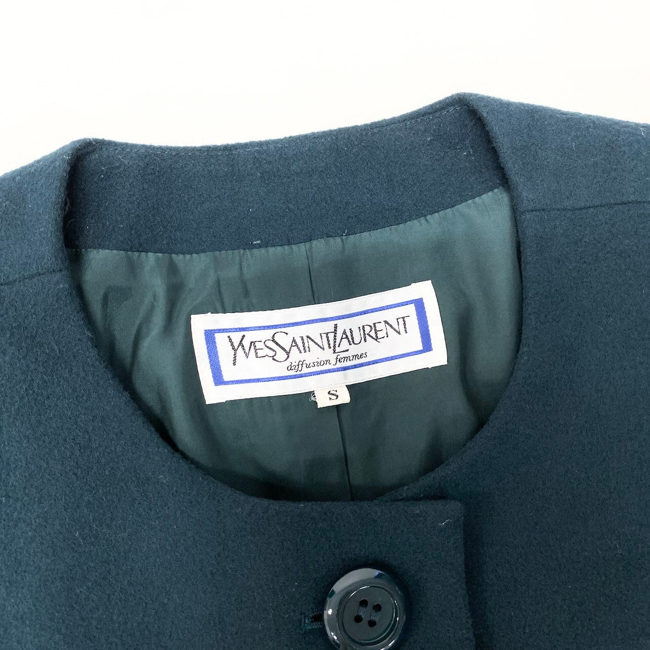 33f15 YVES SAINT LAURENT イヴサンローラン ノーカラージャケット ウールジャケット サイズS ダークグリーン レディース 女性用u02t