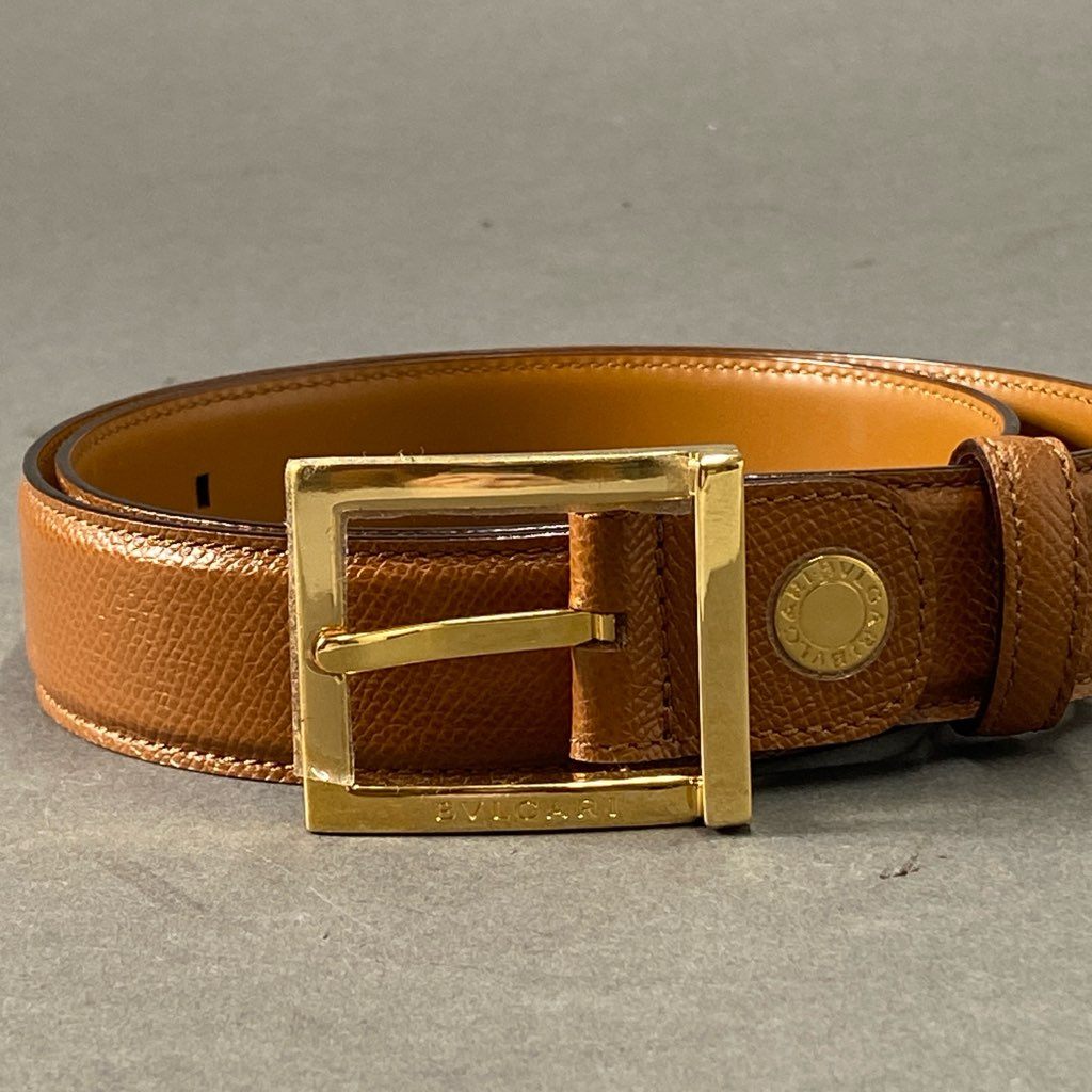 d2 《極美品》 BVLGARI ブルガリ レザーベルト Leather Belt ブラウン ゴールド スクエアバックル 小物