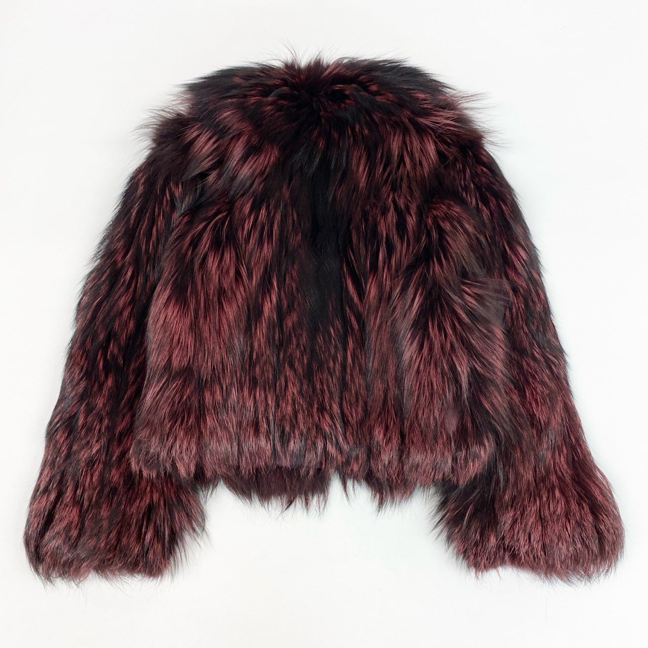 68L8 EMBA エンバ 染め フォックスファー ジップアップジャケット コート サイズ11号 レッドパープル ブラック 本毛皮 FOX FUR レアデザインt18r