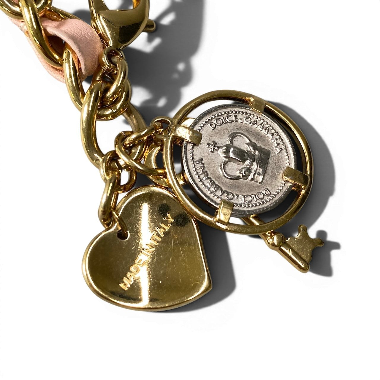 f10 DOLCE&GABBANA ドルチェアンドガッバーナ ゴールドチェーン ブレスレット レザー編み込み ハート キーチャーム ゴールド ピンク レディース 女性用 アクセサリーu02t