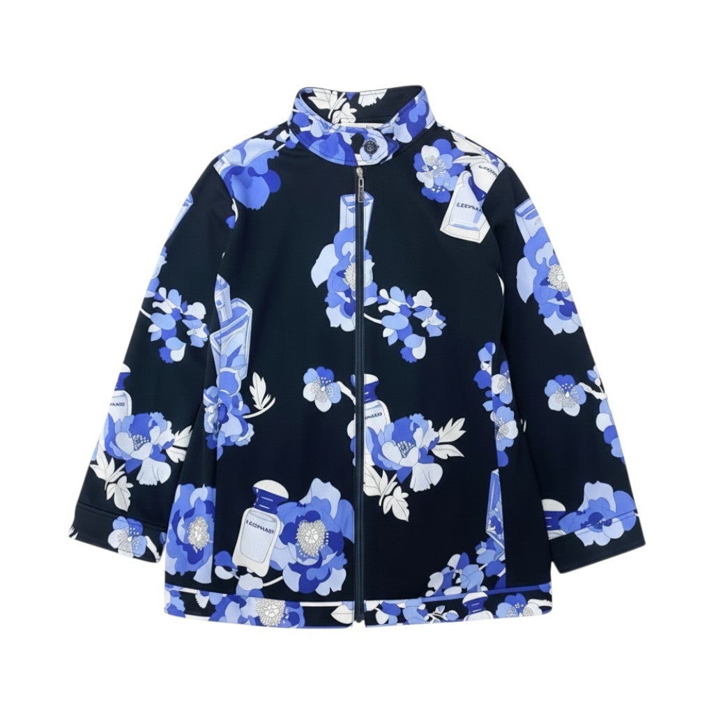 31b6 【美品】LEONARD SPORT レオナール スポーツ ジップアップジャケット ブルゾン 香水 花柄プリント 0578942 42サイズ ブラック ブルー ポリエステル100％ レディース 女性用u02t