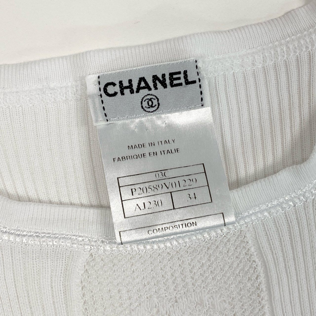 Cb19 CHANEL シャネル P20589 2003年 ジャガード ココマークロゴ リブニット 半袖タイトニット サイズ34 ホワイト レディース トップスta1
