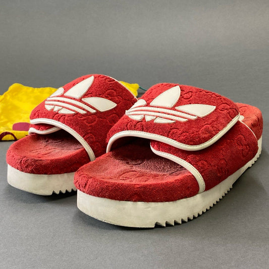 8g8 GUCCI グッチ × adidas アディダス GG プラットフォーム サンダル 27cm相当 レッド シューズ トレフォイル コラボ 保存袋有