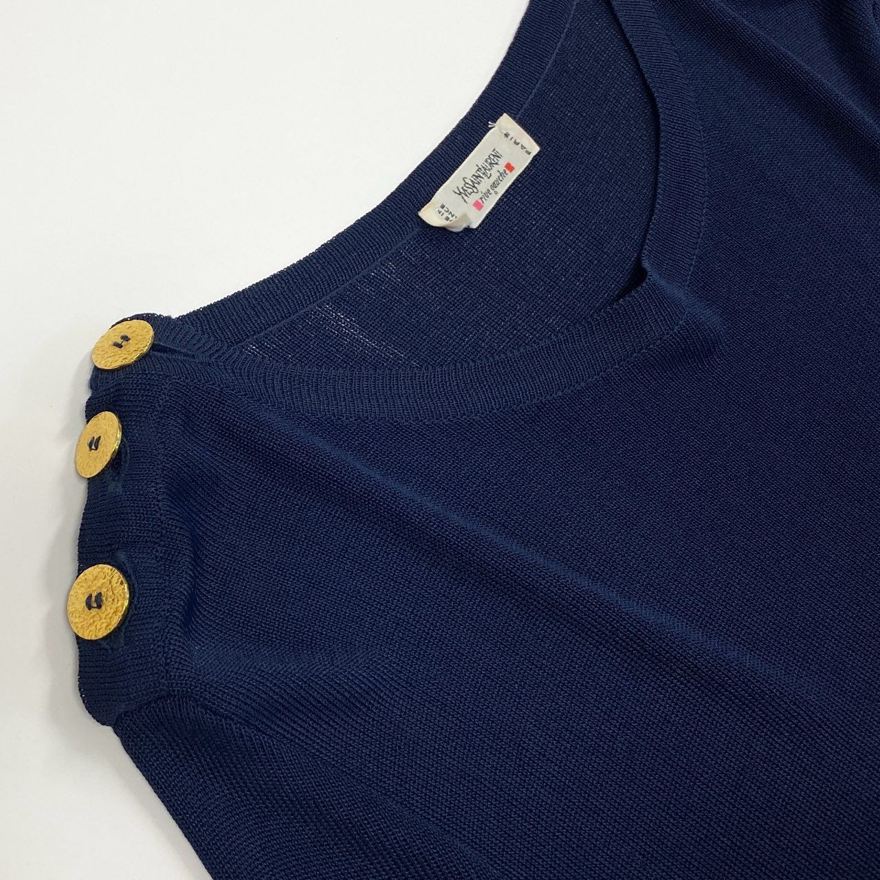 Eb26 Yves Saint Laurent rive gauche イヴサンローラン リブゴーシュ 長袖ニット 金ボタン ネイビー レーヨン レディース フランス製u02t