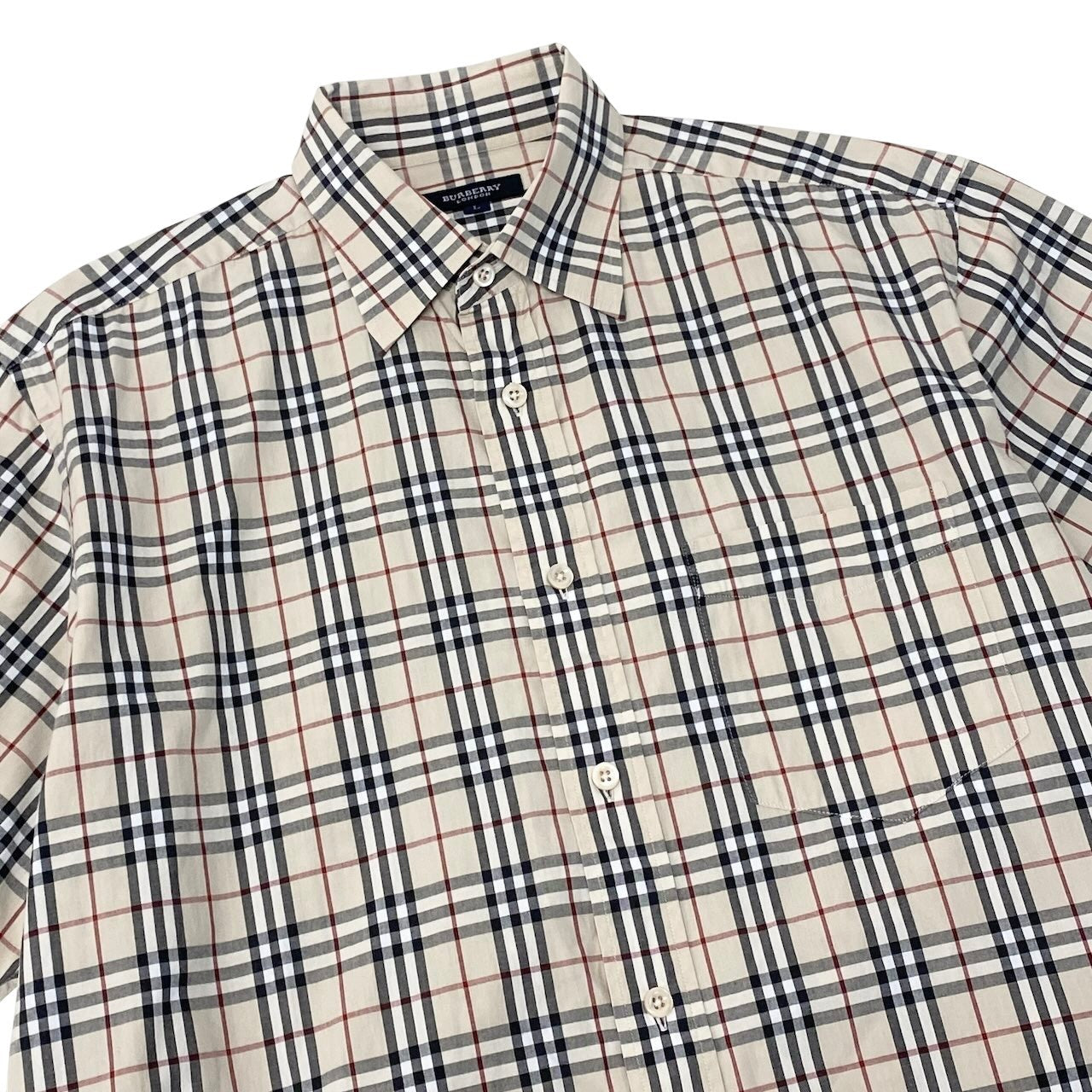 Ig6 BURBERRY LONDON 半袖シャツ チェックシャツ ノバチェック Lサイズ ベージュ系 コットン100％ メンズ 男性用ta2