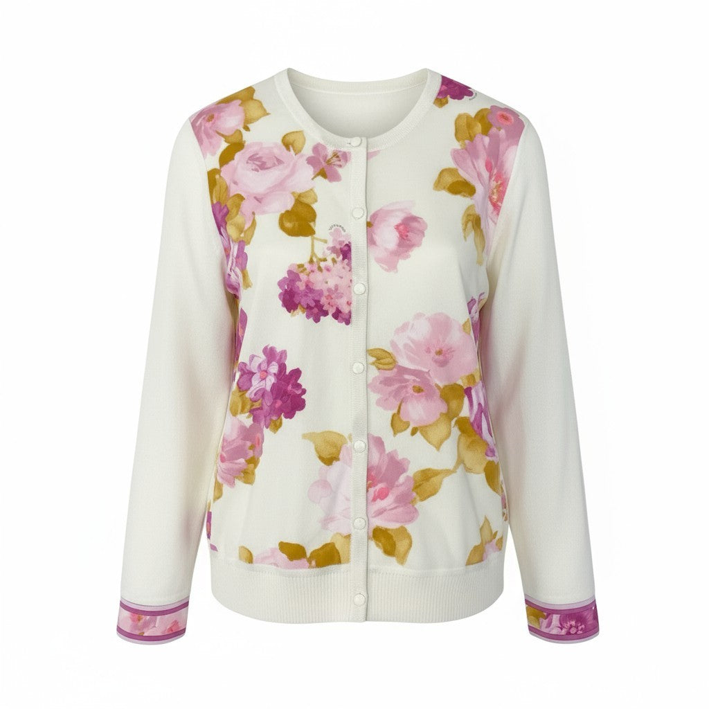 38k16 LEONARD レオナール カーディガン  カンカン素材 花柄 日本製 0157201 42サイズ アイボリー マルチカラー レディースu02t