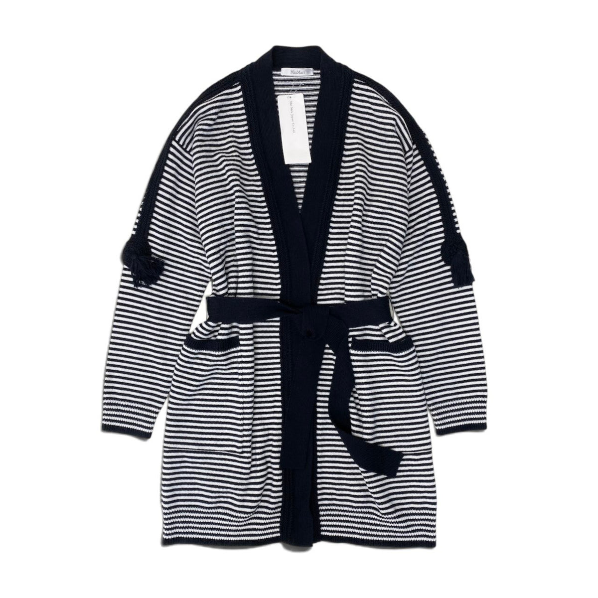 88i15 【未使用タグ付】 Max Mara マックスマーラ ロングニットカーディガン ボーダー柄 ウエストリボン M ネイビー ホワイト ウール100％ レディースu02t