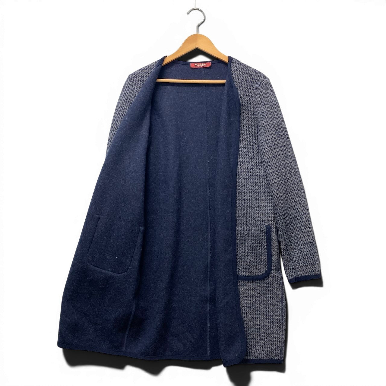 82f16 Max Mara STUDIO マックスマーラ ストゥディオ ノーカラー ウールニットコート 千鳥格子 サイズ40 ネイビー グレー レディース 女性用u02t