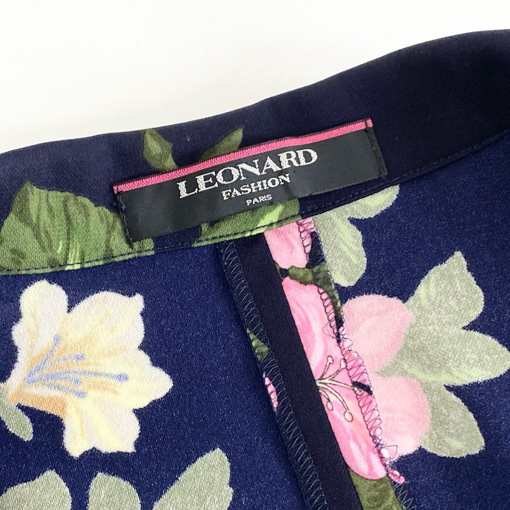 59e20【美品】LEONARD レオナール カンカン素材 花柄 テーラードジャケット ブレザー サイズL マルチカラー レディース 日本製