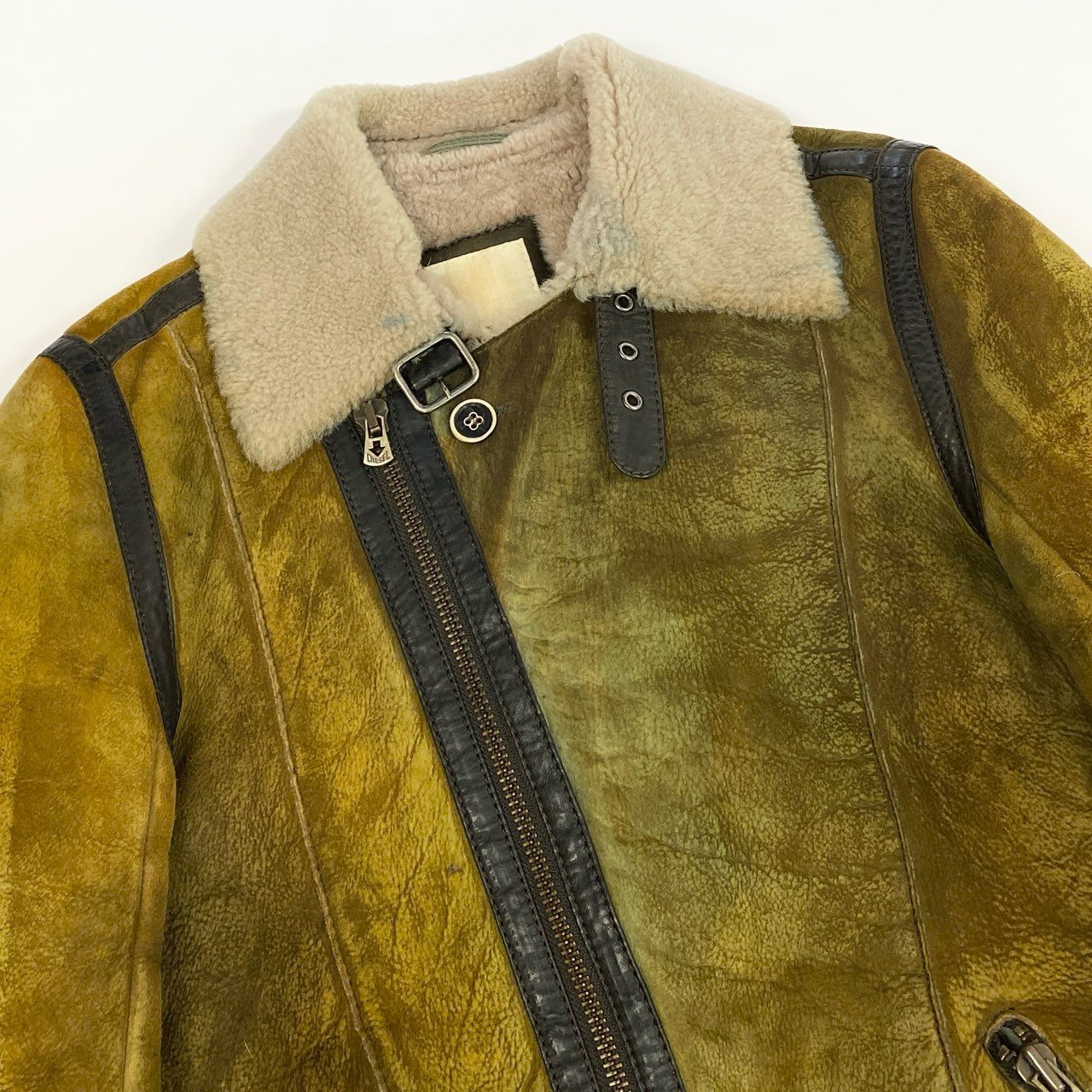 67k7 DIESEL ディーゼル ムートンジャケット ライダースジャケット ヴィンテージ加工 ラムレザー 羊革 Sサイズ イエローブラウン メンズu02t