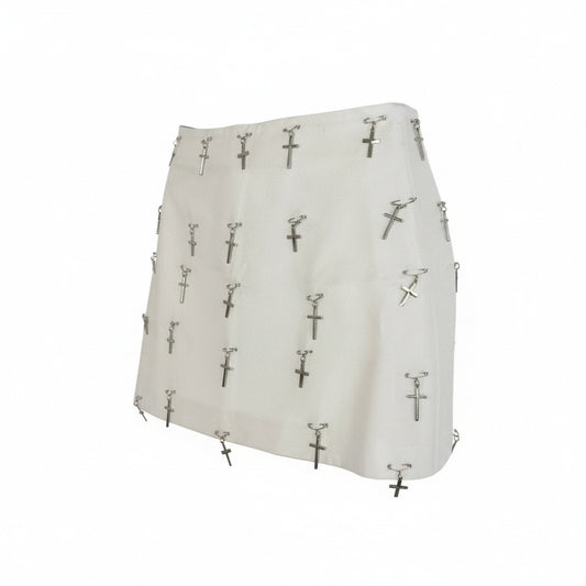 20a10 DOLCE&GABBANA D&G ドルチェアンドガッパーナ ミニスカート ホワイト クロスピン装飾 mini skirt with cross safety pin details レディースt18r