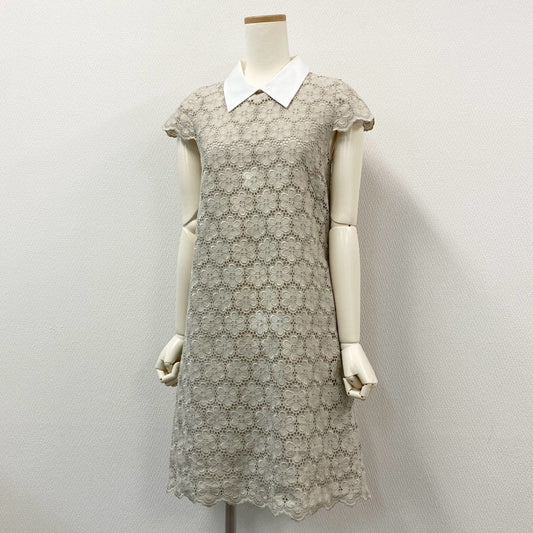 41i26《美品》FOXEY フォクシー リネンフラワーワンピース 半袖ワンピース カットワーク 膝丈 35330-SOFG12K 38サイズ ベージュ レディースk02i