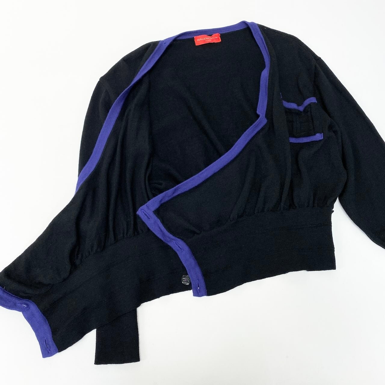 41d10 BALENCIAGA バレンシアガ 長袖ニットカーディガン BBロゴ 変形デザイン レディース 女性用 M ブラックパープル ウール100％u02t