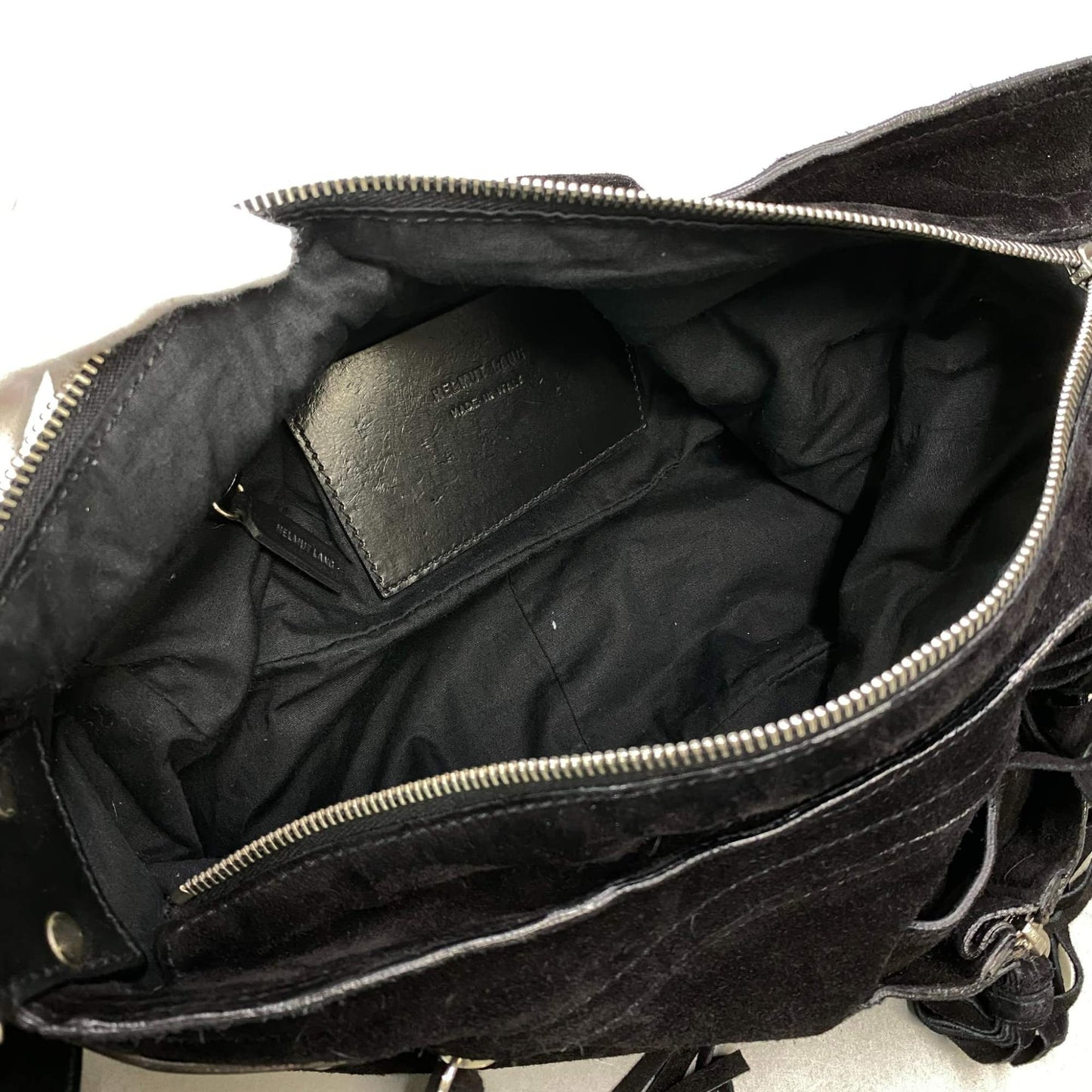 AL10 Helmut Lang ヘルムートラング Archive Black Suede leather oneshoulder bag fringe detail unisex アーカイブk02i