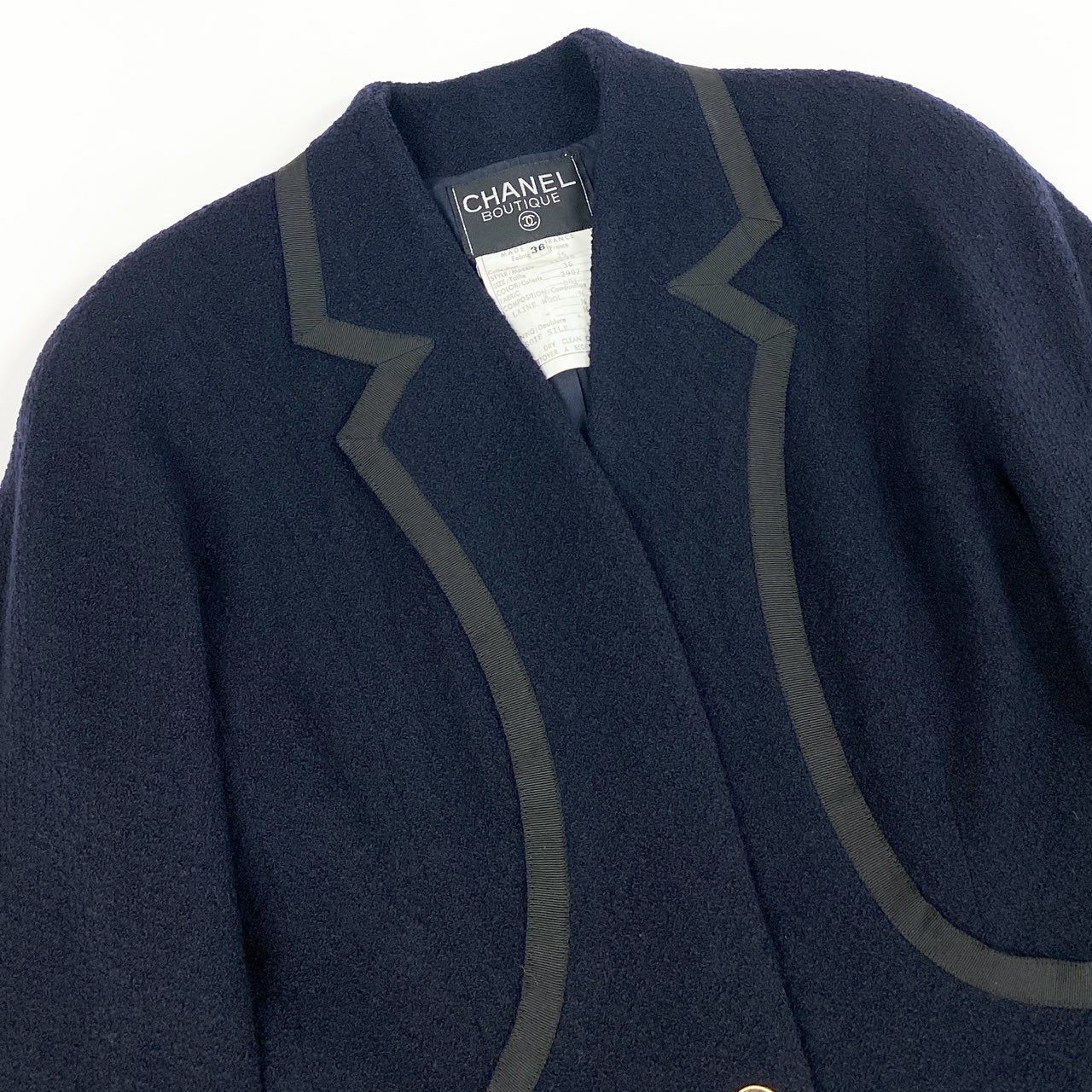 Cd9 Vintage CHANEL シャネル 1990 ツイードジャケット テーラードジャケット ココマーク 21178 36 ネイビー ウールu02t