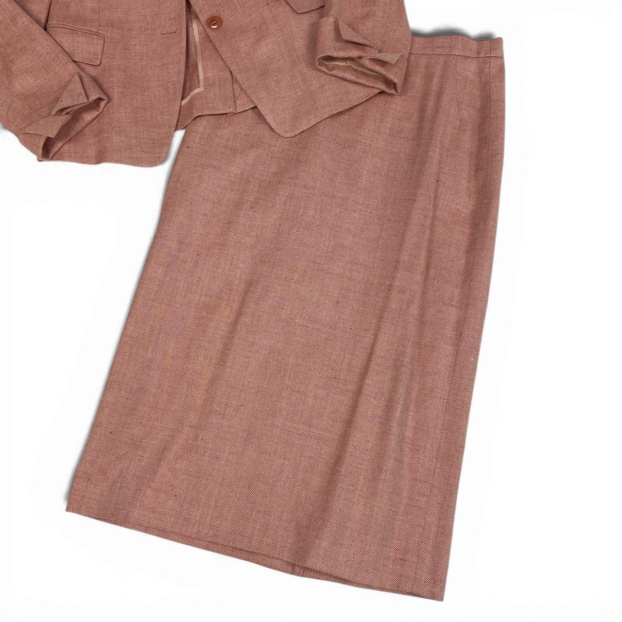 70a15 Paul Stuart ポールスチュアート セットアップ スカートスーツ テーラードジャケット 膝丈スカート ヘリンボーン イタリア製 レディース 女性用 サイズ42 レッド ホワイト シルク コットン リネンu02t