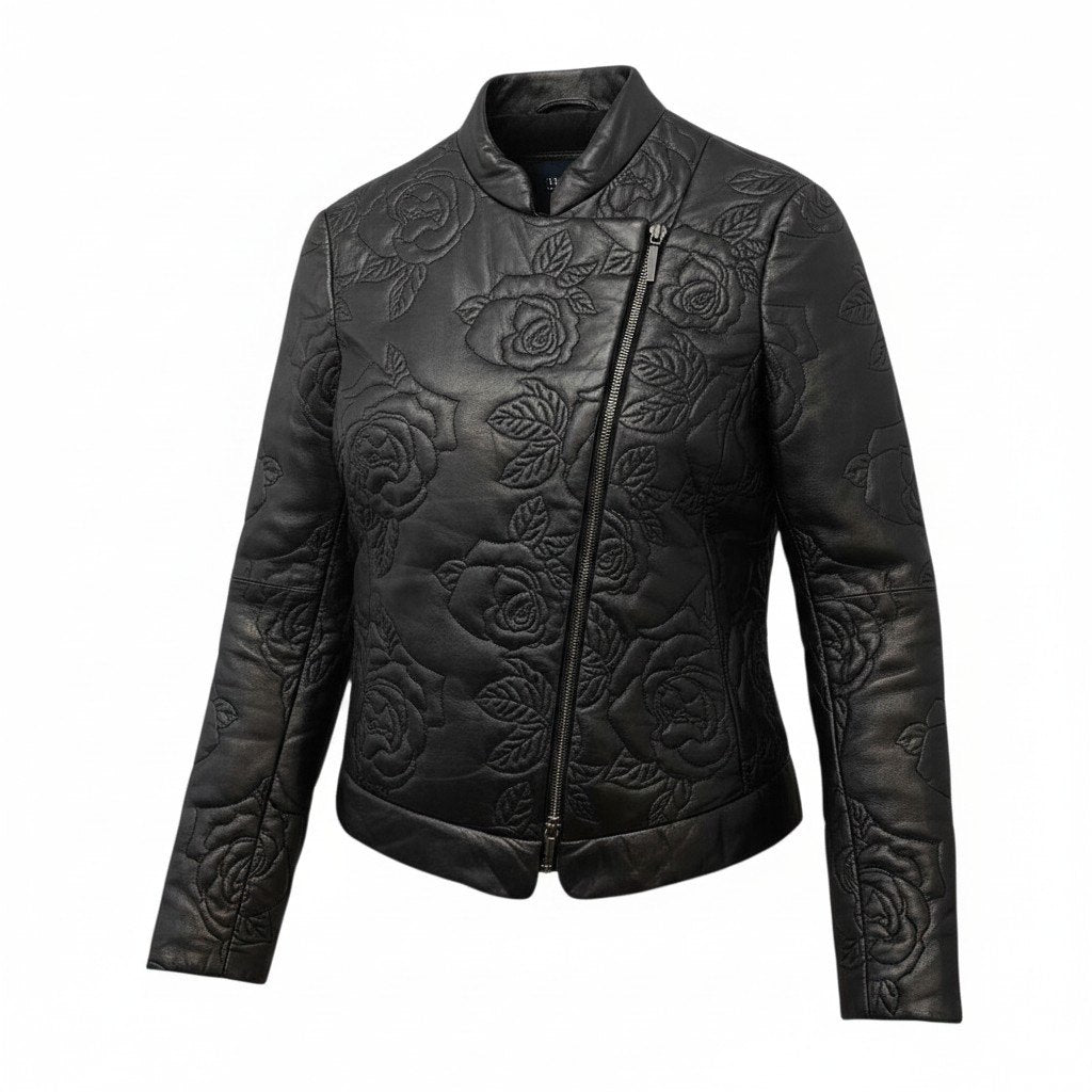 5h28 ARMANI JEANS アルマーニジーンズ ダブルライダースジャケット 中綿 レザージャケット バラ柄 サイズ40 ブラック レディース女性用u02t