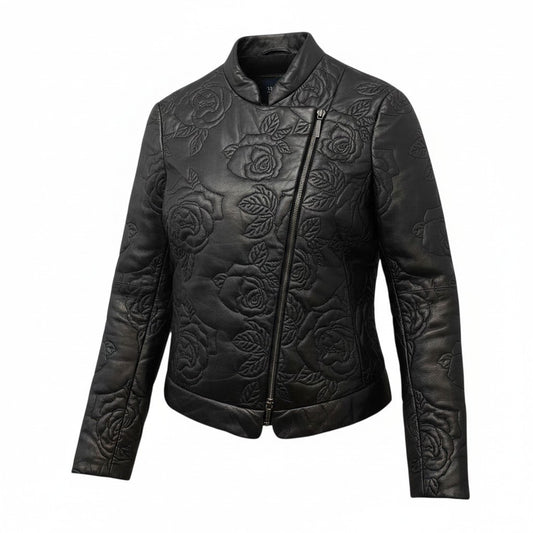 5h28 ARMANI JEANS アルマーニジーンズ ダブルライダースジャケット 中綿 レザージャケット バラ柄 サイズ40 ブラック レディース女性用u02t