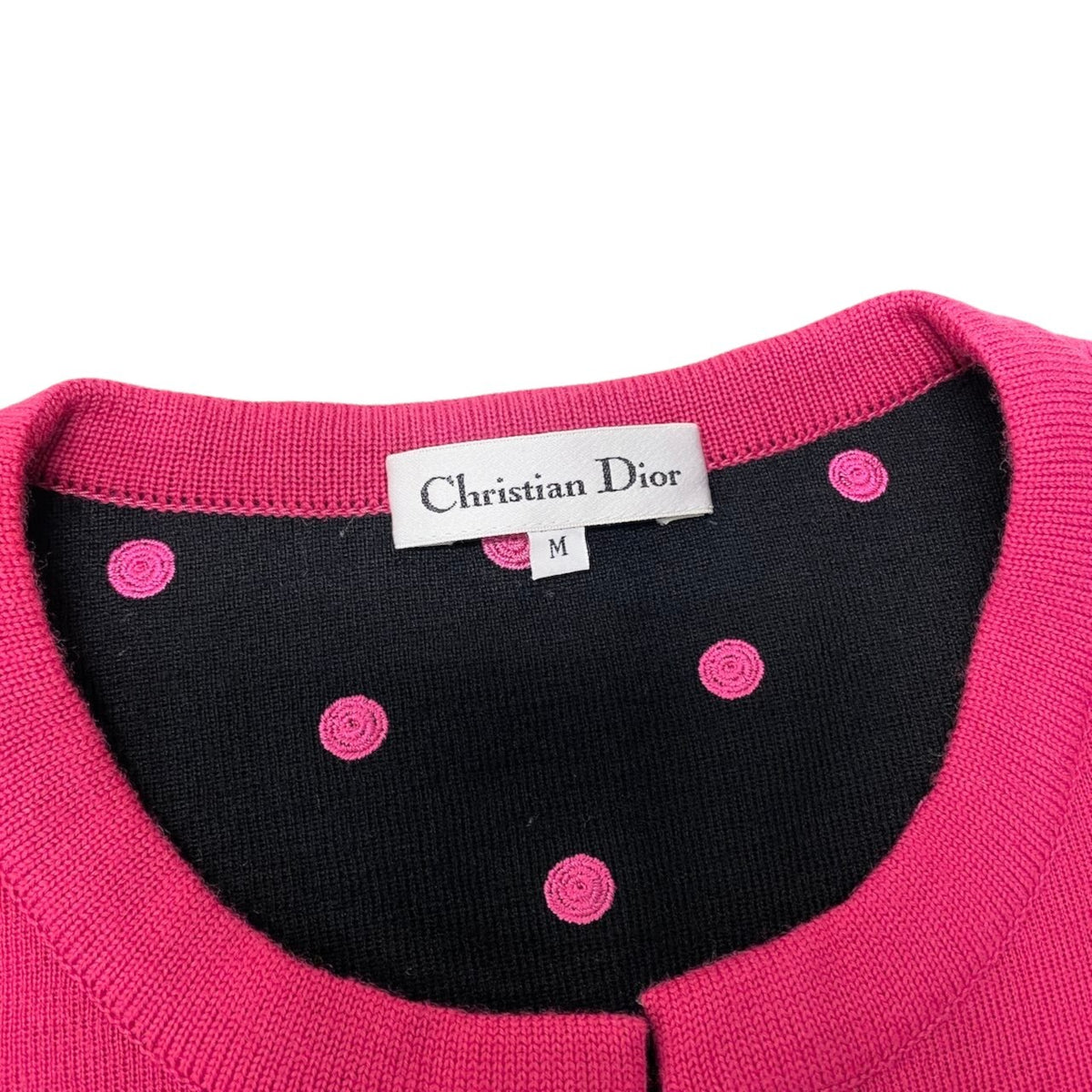 87i15 Christian Dior クリスチャンディオール ロングスリーブ ニットカーディガン 裏地水玉刺繍 サイズM ピンク ウール100％ レディースo07t