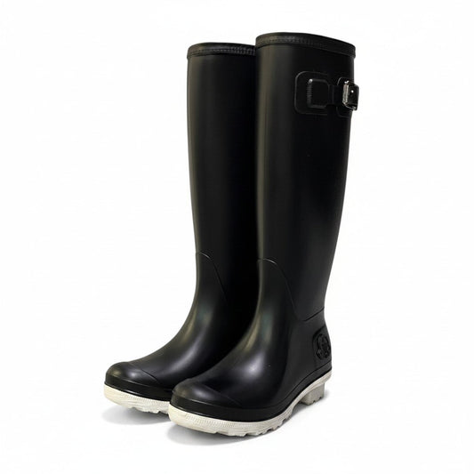 4e18 MONCLER モンクレール ベルテッド エンボスロゴ レインシューズ 長靴 イタリア製 36サイズ ブラック ホワイト レディース 女性用k02i