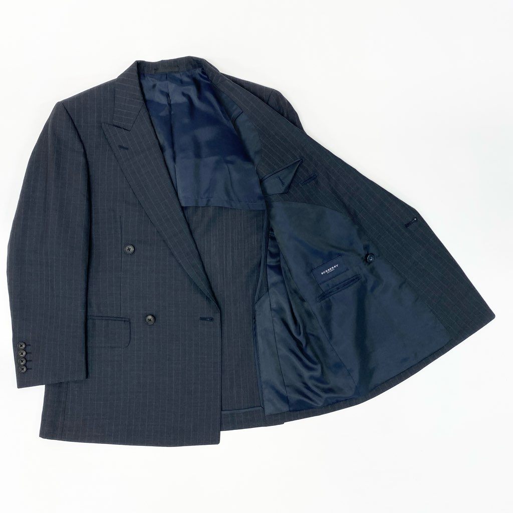 16a27 BURBERRY LONDON バーバリーロンドン スーツセットアップ テーラードジャケット スラックスパンツ ストライプ リネン混 94-84-165 AB4 ネイビー メンズ 男性用o07t