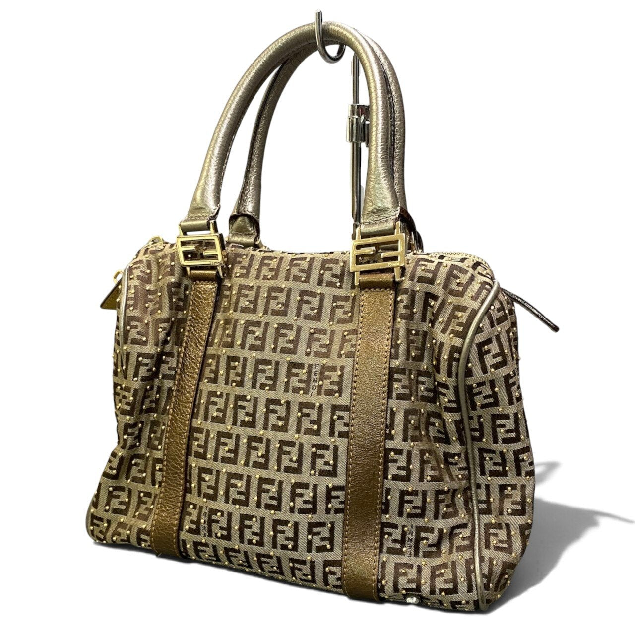 h29 FENDI ズッキーノ スタッズ ボストンバッグ ブラウン ベージュ レディース 女性用ta1