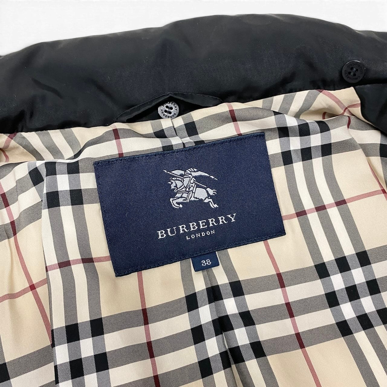 90g27 BURBERRY LONDON バーバリー ウエストリボン ロング ダウンコート 裏地ノバチェック サイズ38 ブラック レディース女性用o07t