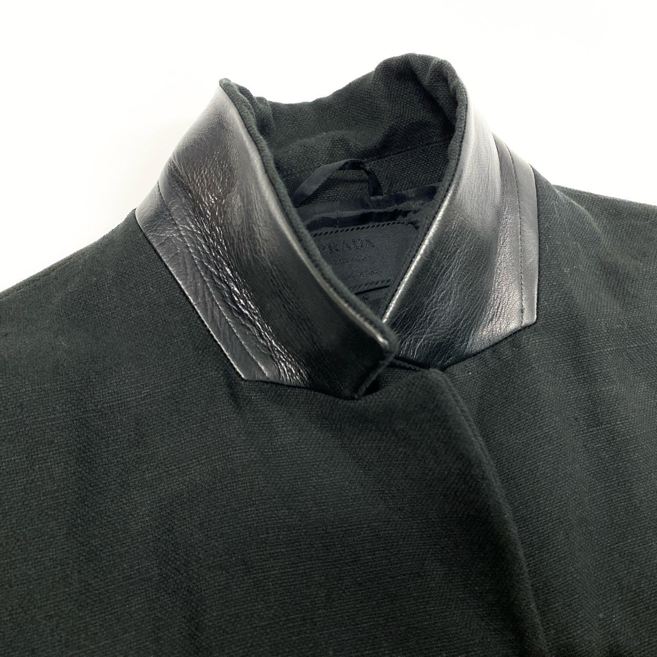 50b12 【美品】PRADA プラダ コットンリネンジャケット 袖レザー Cotton-linen Jacket Leather Cuffs 44サイズ ブラック レディース 女性用ta1