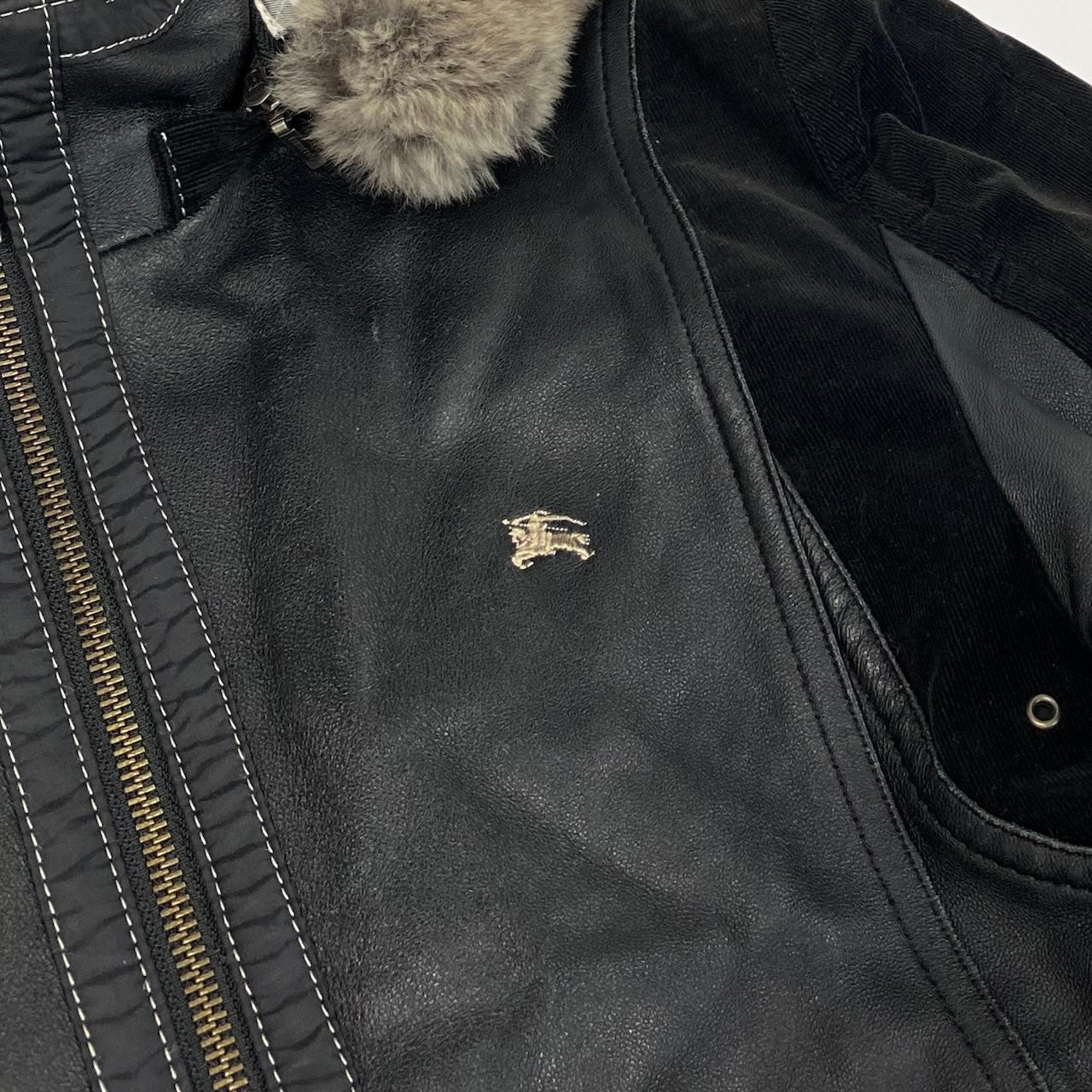 4d16 BURBERRY BLACK LABEL バーバリー ブラックレーベル 中綿 レザージャケット フーデッドジャケット 2way コーデュロイ切替 ラビットファー サイズM ブラック メンズ 紳士服u02t