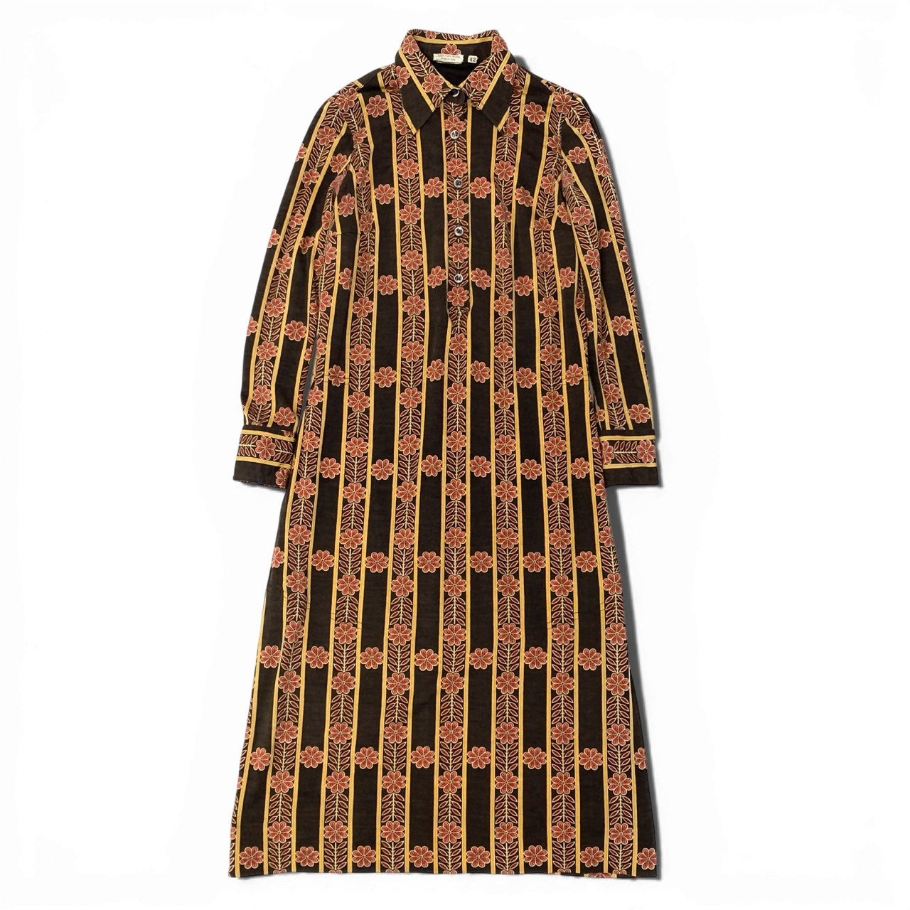 86a15 【Vintage 70'S】CELINE ヴィンテージ セリーヌ 1970年代 総柄ニットワンピース 襟付きワンピース サイズ42 ブラウン系 レディース 女性用k02i