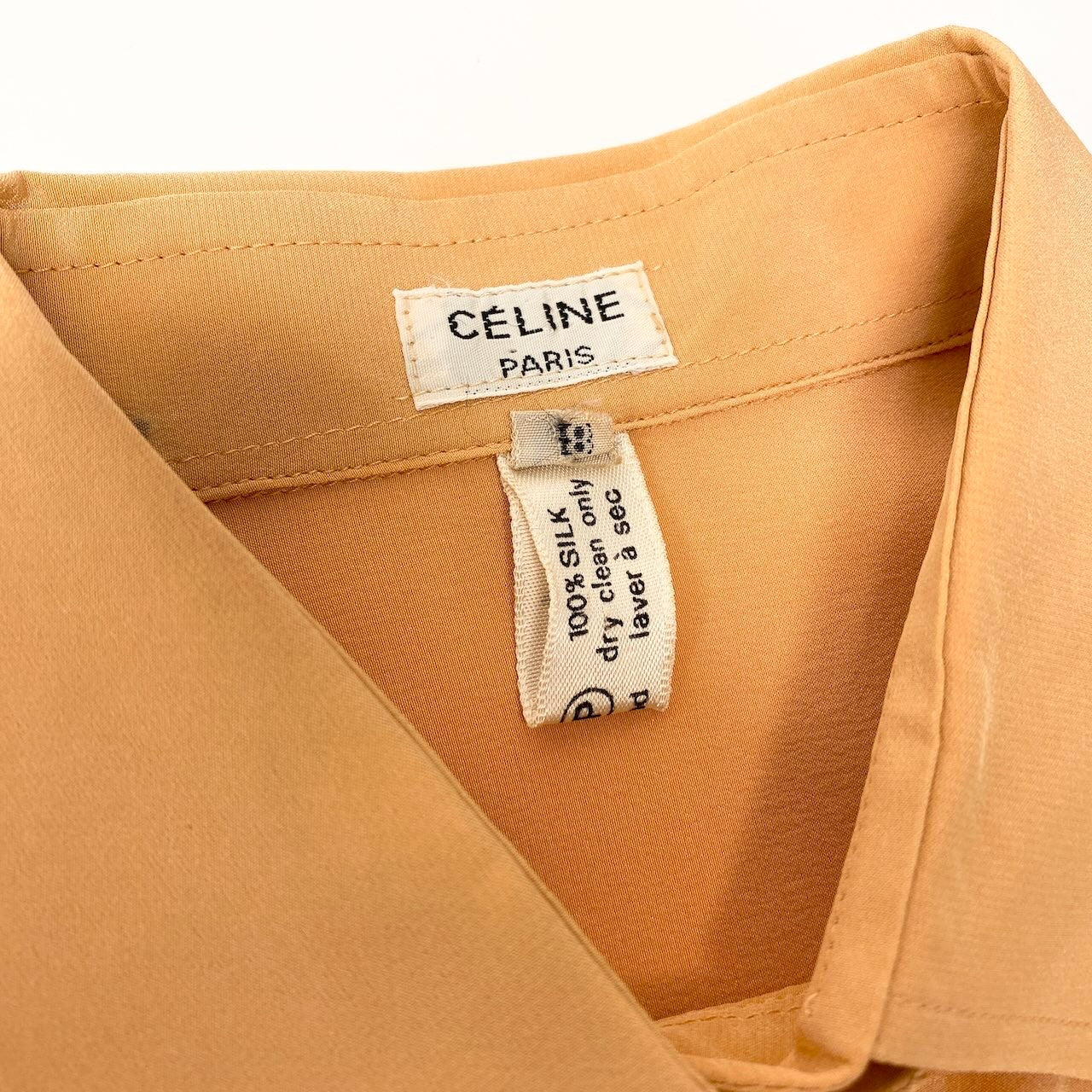 82c27 CELINE セリーヌ シルクシャツ ロングスリーブシャツ ブランドロゴ刺繍 トップス 38サイズ オレンジ シルク100％ レディース 女性用o07t