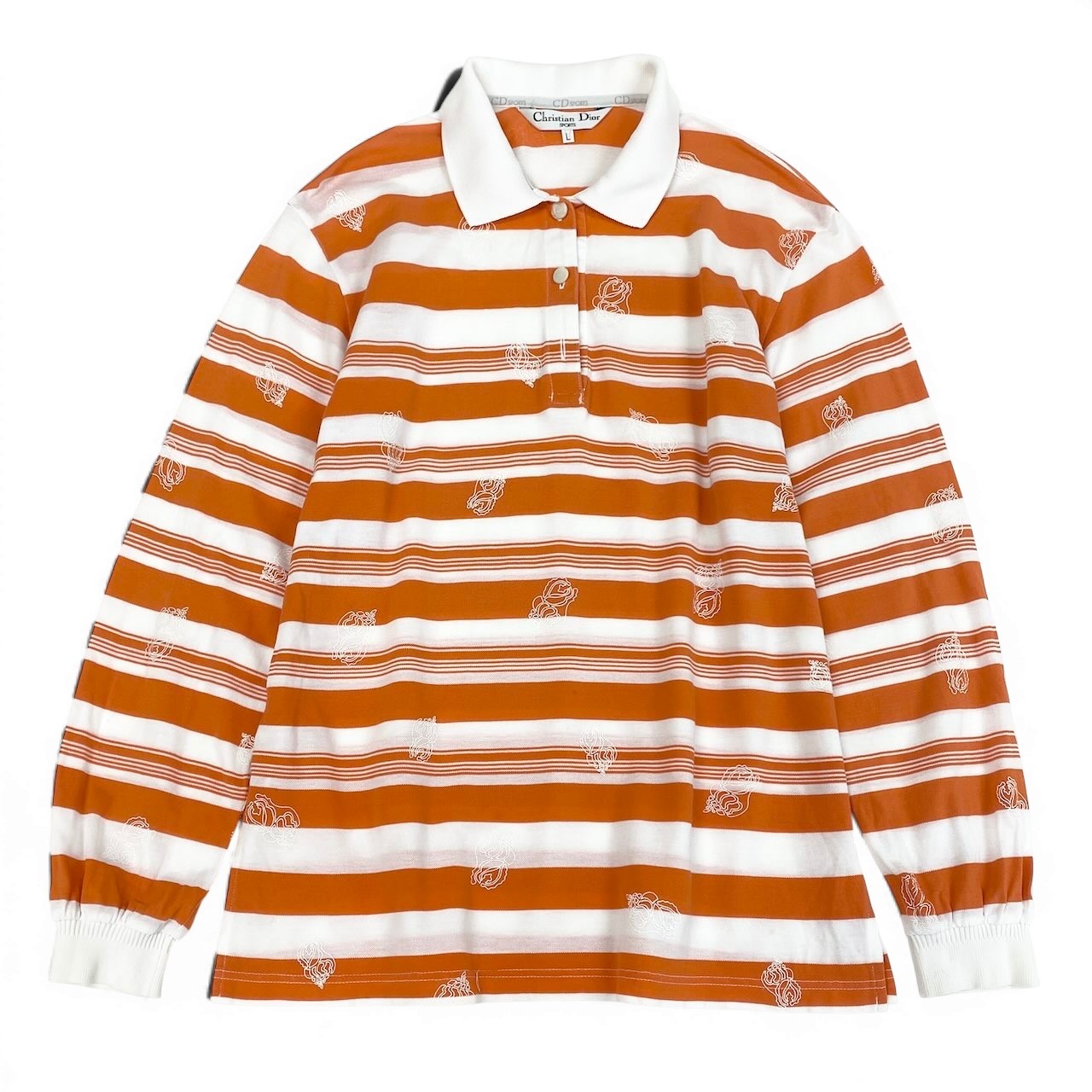 Eg6 Christian Dior SPORTS クリスチャンディオール ロングスリーブ ポロシャツ ボーダー柄 総柄 サイズL オレンジ ホワイト コットン100％ レディース 女性用o07t