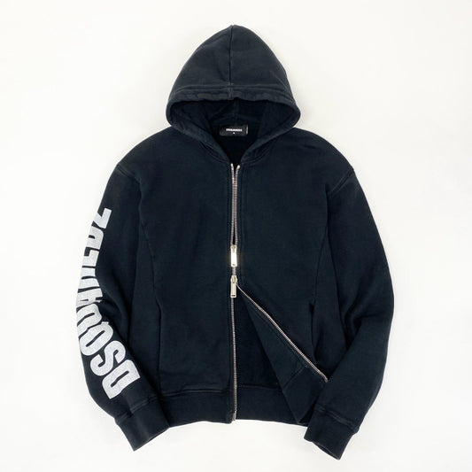 44h26 DSQUARED2 ディースクエアード イタリア製 サイドロゴプリント ジップアップパーカー フーディ S74HG0069 Mサイズ ブラック コットン メンズo07t