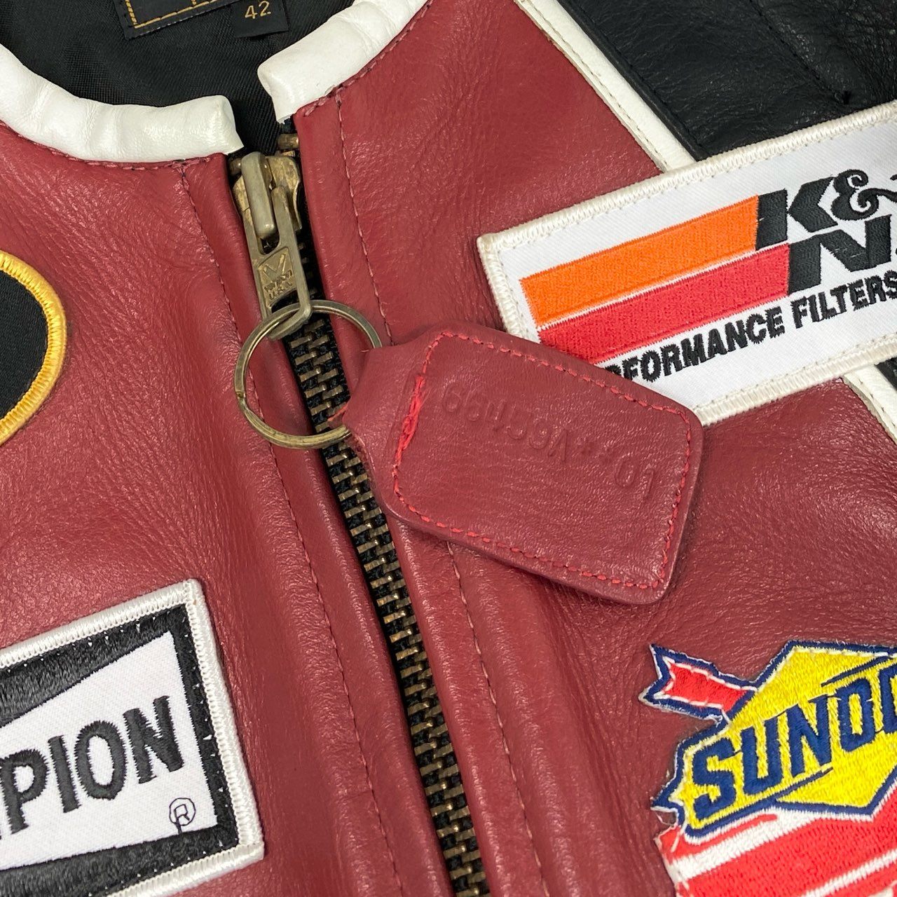 49f2 VANSON バンソン USA製 BOSTON MASS ワンスター シングルライダースジャケット レーシング ワッペン 42 ブラック マルチカラー レザー